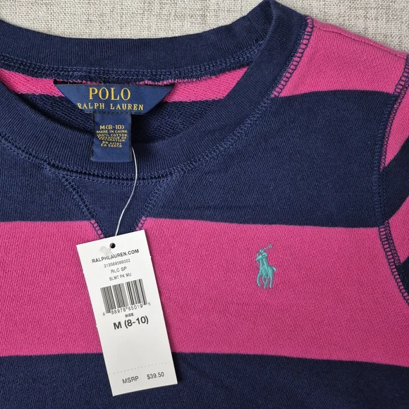 NWT Polo Ralph Lauren Striped Sweatshirt | Pink & Navy | Medium (8-10) - Picture 4 of 9